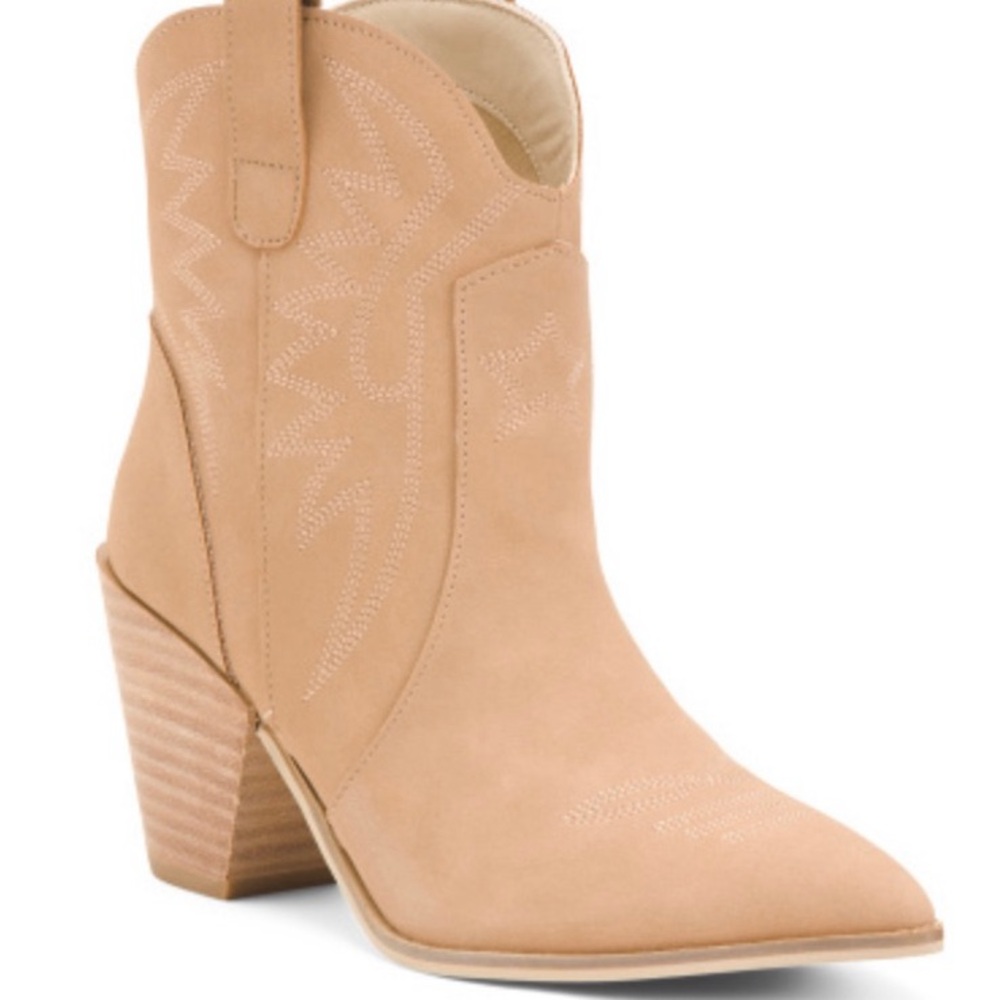 Miracle Miles Tan/Pink Nina Western Faux Suede Pointed Toe Pull-on Ankle Boots 8